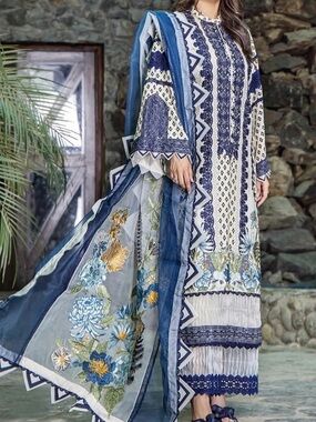 Embroidered Blue & White Floral luxury Lawn Dress Pakistani Indian